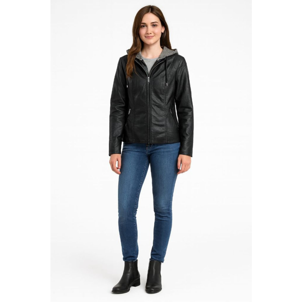 Women's Love Me Now Black Faux Leather Hooded Jacket, Size S